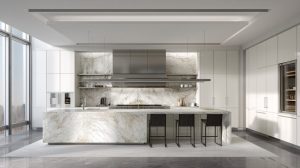 Luxury indian kitchen design with marble platform and tall white modular cabinets