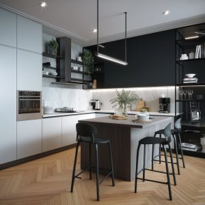 Modern kitchen design with black cabinets and stylish center island 