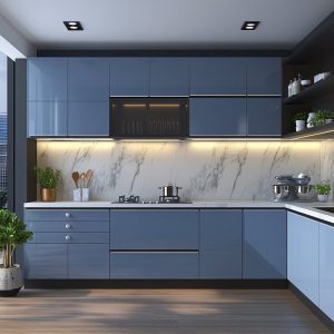 Indian modular kitchen design with glossy blue cabinets and marble backsplash 