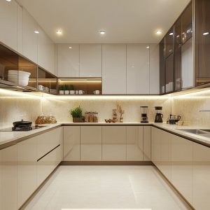 L-shaped Indian kitchen design with glossy cabinets and beige countertop finish 