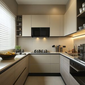 Modular Indian kitchen design with beige cabinets and corner stove layout 