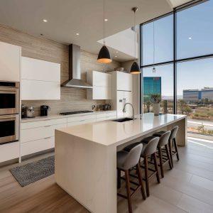 Indian kitchen design with large island counter and tall glass windows 