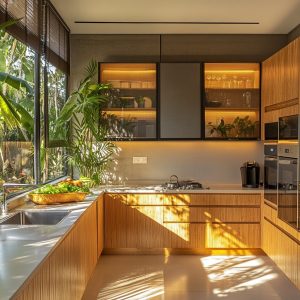 Indian kitchen design with wooden cabinets indoor plants and natural lighting 