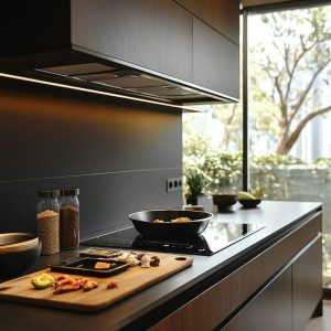 Indian kitchen design with dark cabinets induction cooktop and natural lighting 