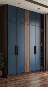 3 door wardrobe design ideas with blue and wood finish 