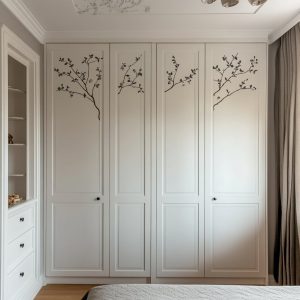 Elegant wardrobe door design ideas with floral detailing and panel finish 