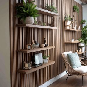 Modern wood wall design with floating shelves, plants, and stylish home decor accents