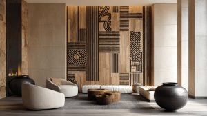 Luxury wood wall design with geometric panels and modern living room decor