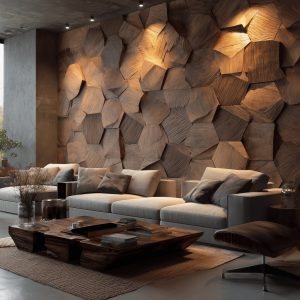Premium wood wall design with 3D geometric panels and luxury living room interior