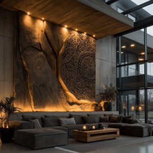 Luxury wood wall design with carved artistic panel and modern living room ambiance