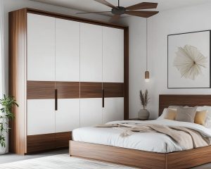 Wardrobe door design ideas with sliding panels and wooden finish 