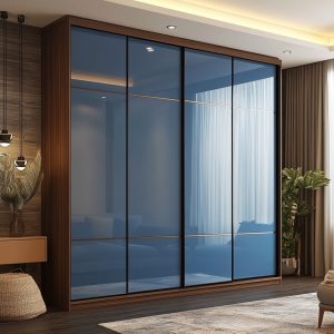 3 door wardrobe ideas with blue glass sliding door design 