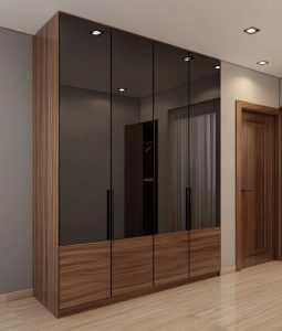 wardrobe door design ideas with glossy panels and wooden finish 