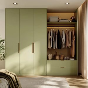 wardrobe door design ideas in pastel green with hanging space 