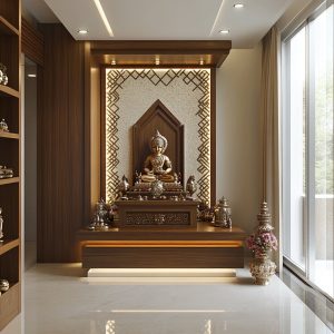 Elegant wooden pooja mandir design with carved backdrop and warm ambient lighting