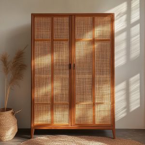 wardrobe door design ideas with woven wooden panel aesthetic style 