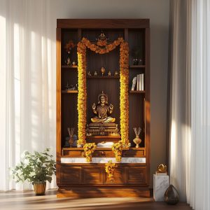Modern wooden pooja mandir design with Buddha idol and floral decor in a serene home setting