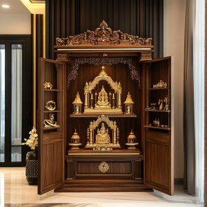 Premium wooden pooja mandir design with carved doors and golden idols in elegant home temple setup