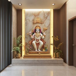 Modern wooden pooja mandir design with marble backdrop and illuminated deity idol