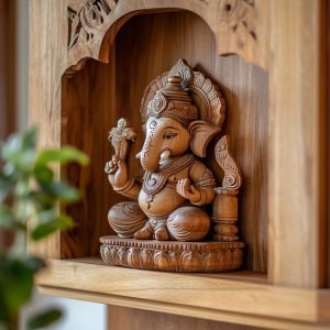 Elegant wooden pooja mandir design with carved Ganesh idol in a traditional decor setting