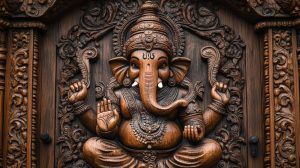 Artistic wooden pooja mandir design with detailed Ganesh carving on traditional wooden panel