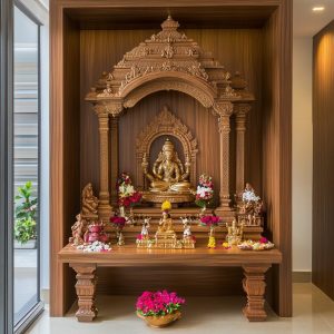 Classic wooden pooja mandir design with carved temple frame and traditional idol setup
