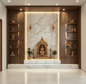 Modern wooden pooja mandir design with marble backdrop, shelves, and elegant lighting setup