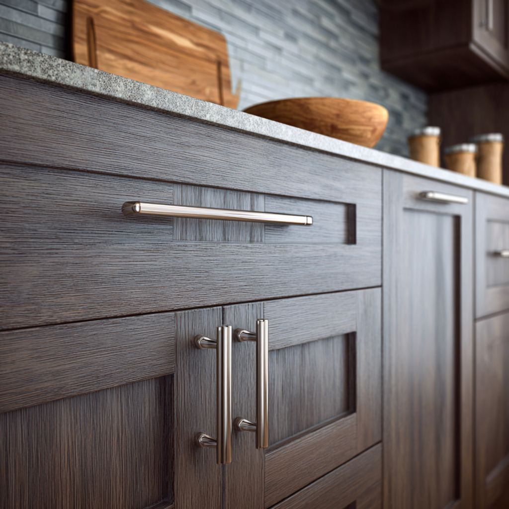 Grey shaker kitchen cabinets with cup pulls and shaker cabinet doors
