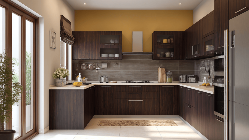 Modular kitchen cost in ahmedabad with dark wood cabinets and smart layout