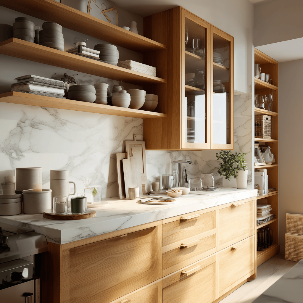 Modular kitchen basket types and cost shown with wooden drawers and open shelves