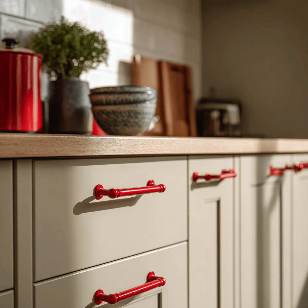 Stylish cost effective modular kitchen cabinets with red handles and wooden countertop
