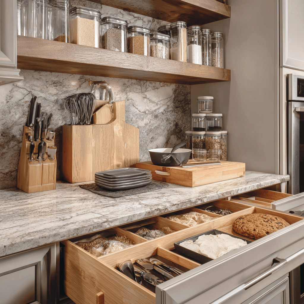 Modular kitchen basket types and cost with organized drawer storage