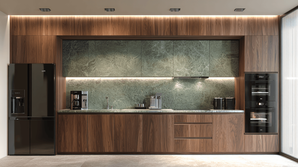 Sleek modular kitchen cost example with wood finish cabinets and marble