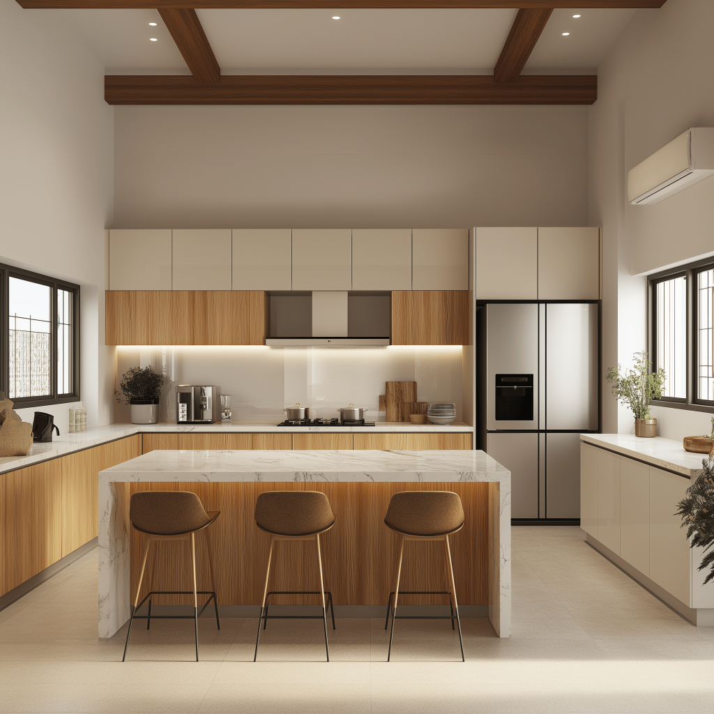 Modern sleek modular kitchen cost showcased in a luxury island-style kitchen layout