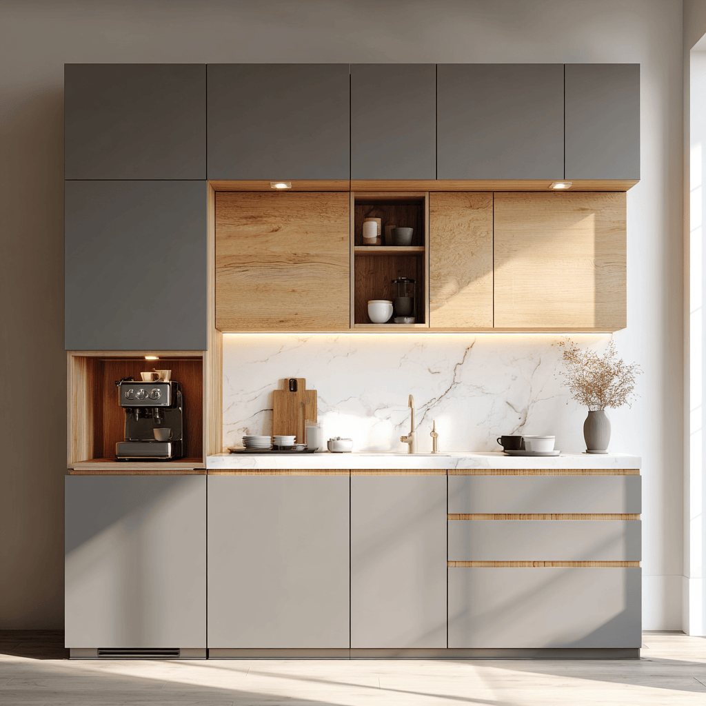 Sleek modular kitchen cost with compact cabinets, marble backsplash and warm lighting