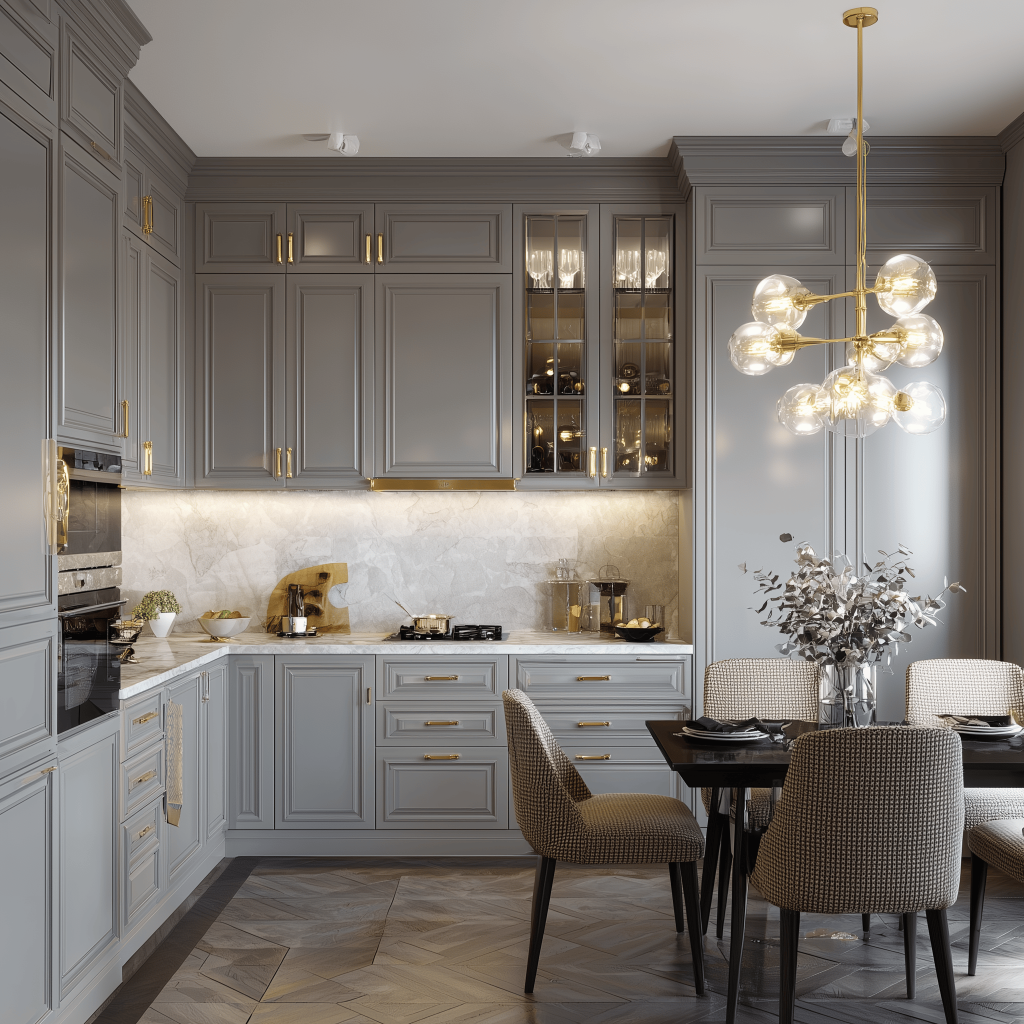 Modular kitchen cost in ahmedabad design with grey cabinets and dining space