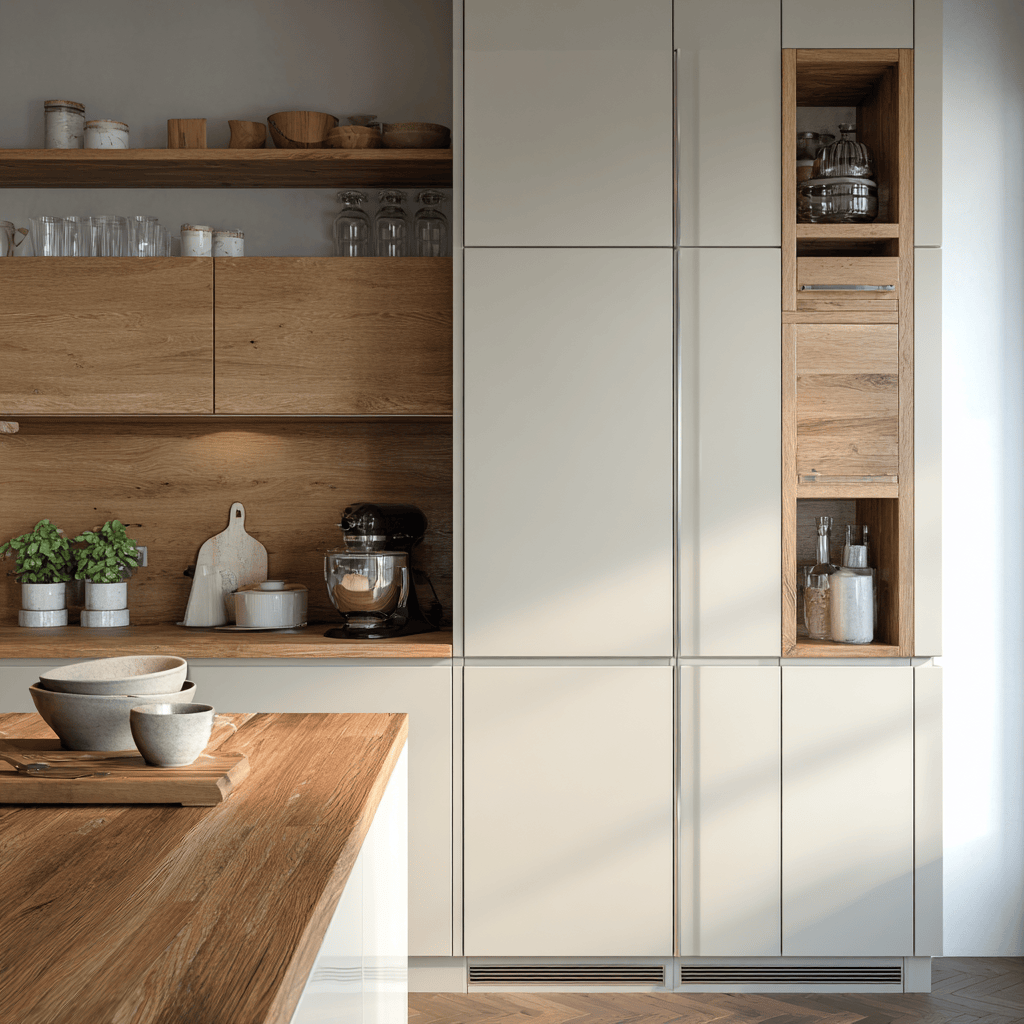 Modular kitchen cost estimate with tall cabinets, open shelves and wooden finish