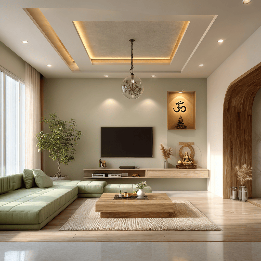 Cost of interior design for 2bhk living room with wooden decor and false ceiling