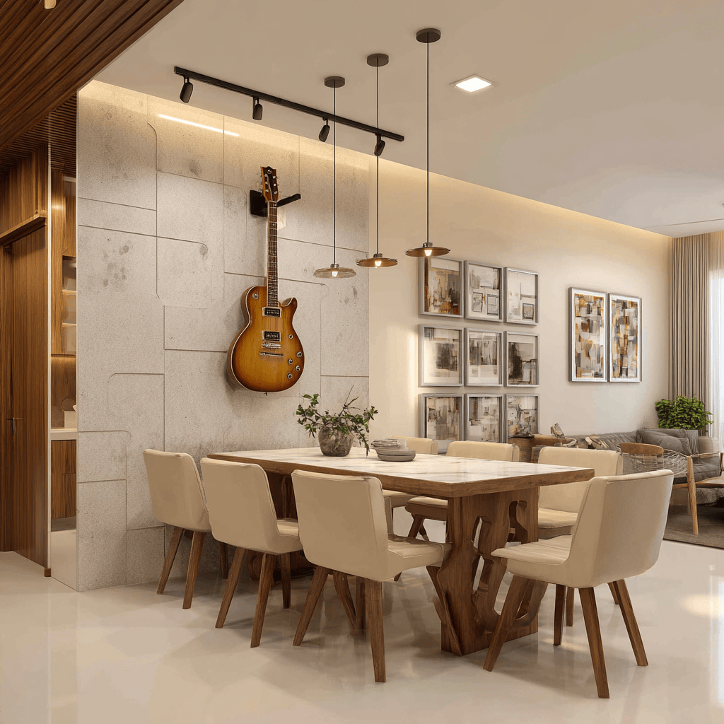 Modern interior design cost for 2bhk dining area with wooden table and pendant lights