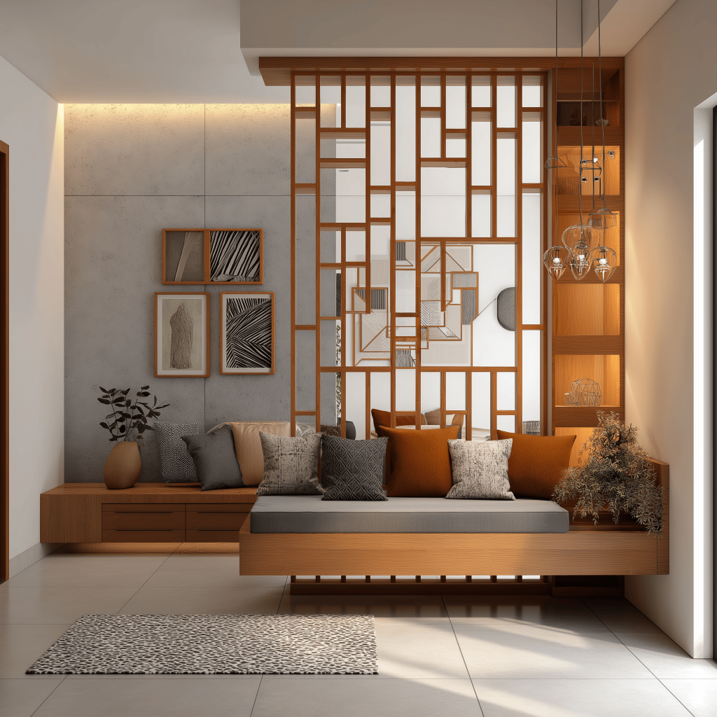 Modern interior design for 2bhk cost with wooden partition and cozy seating nook
