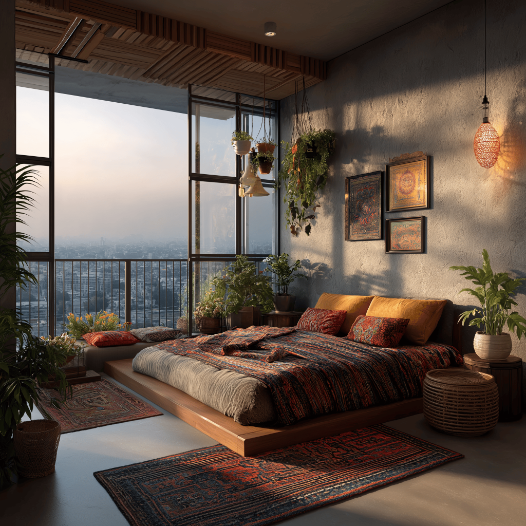Cozy 2bhk interior design cost bedroom with balcony view, plants, and warm decor