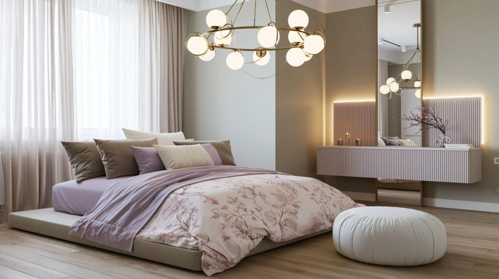 Greige and pink two colour bedroom walls