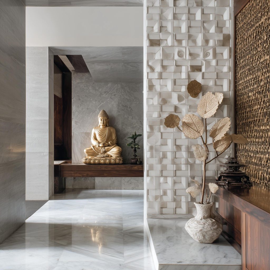 Elegant corian mandir for home featuring serene marble textures