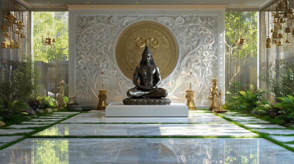 Backlit corian mandir design creating serene spiritual focal point home