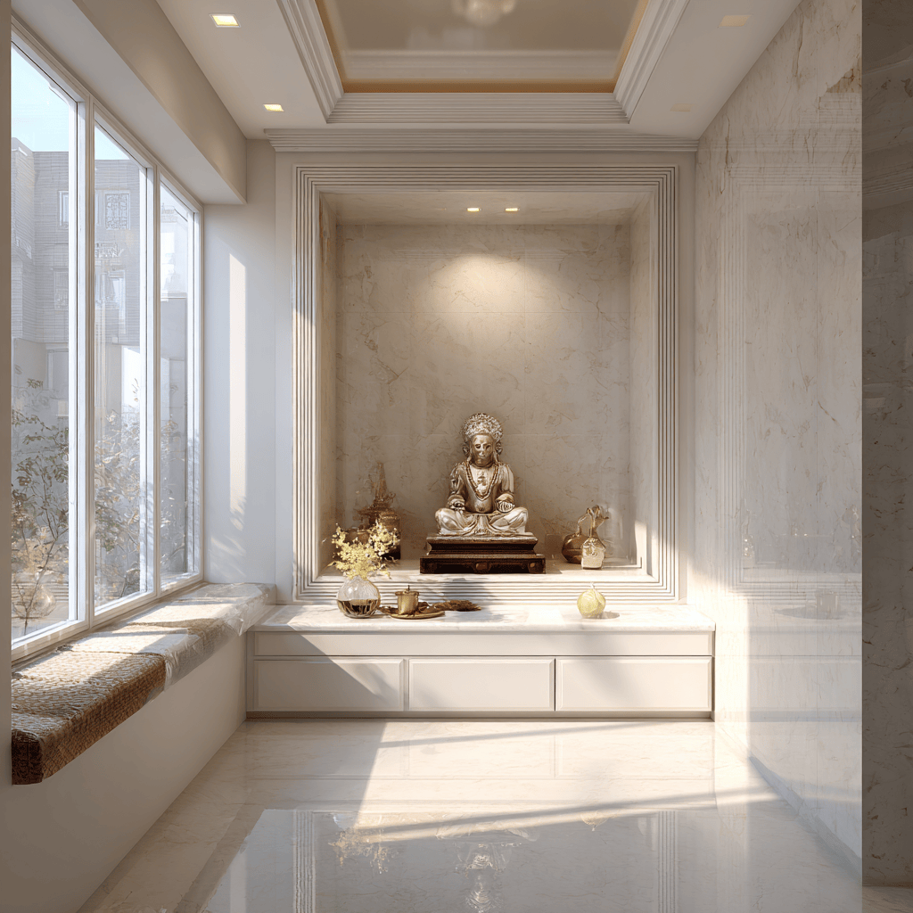 Modern corian mandir design with serene marble finish for home