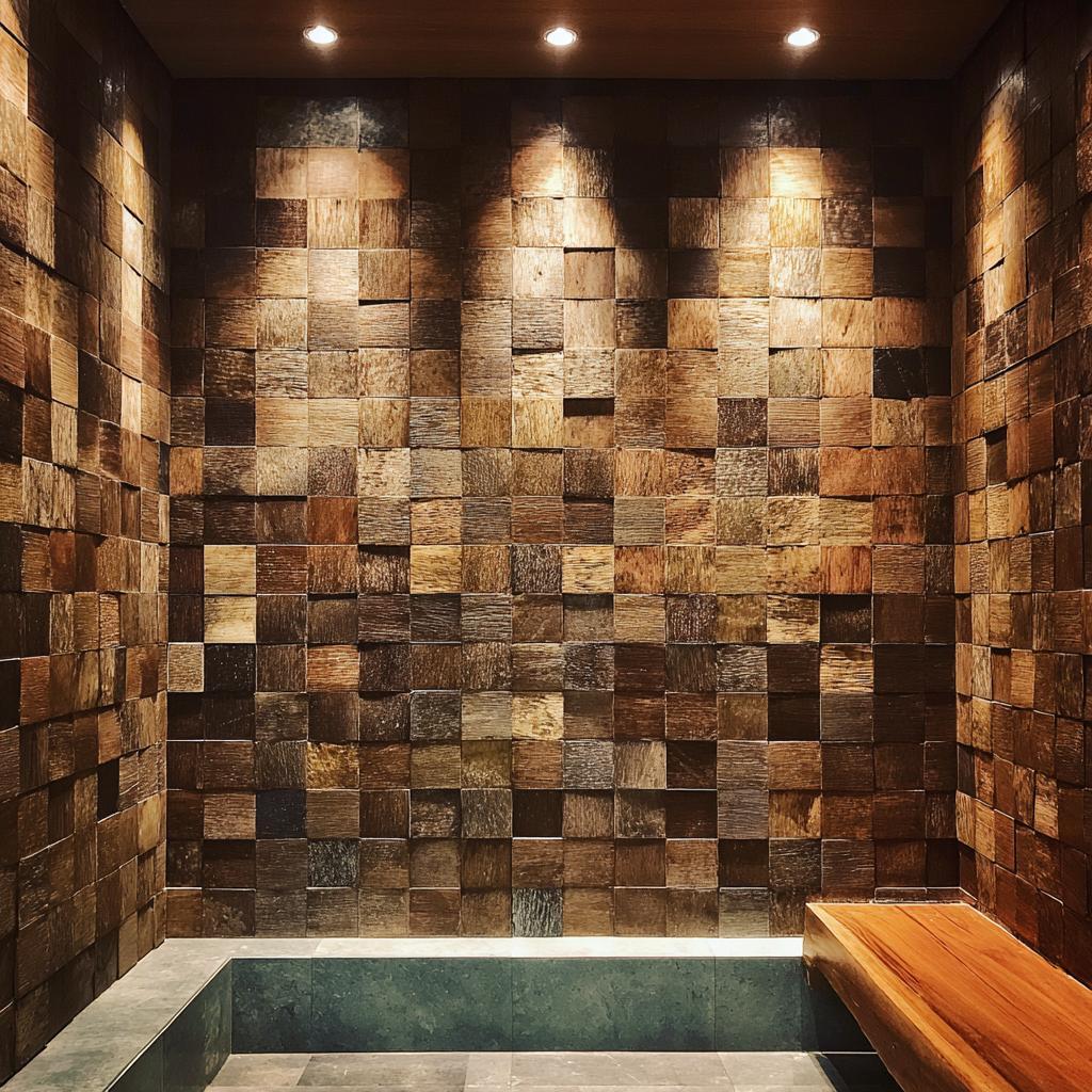Wall tiles wood finish create spa-like ambience with warm natural textures
