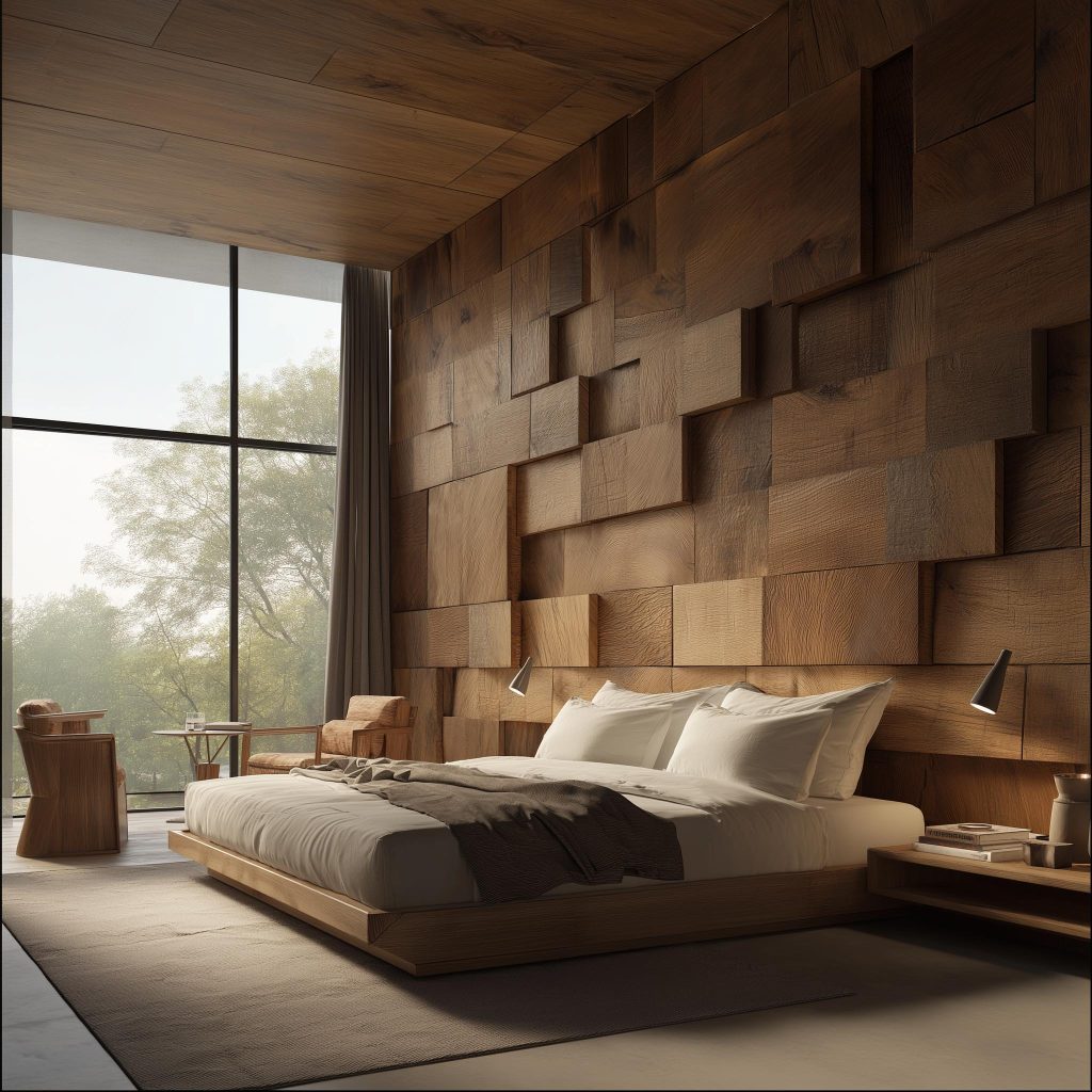 Wood finish wall tiles create warm, modern bedroom interiors with natural elegance
