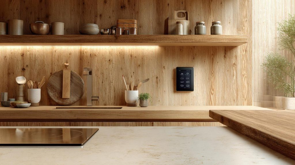 Wood finish wall tiles enhance warm modern kitchen backsplash aesthetics