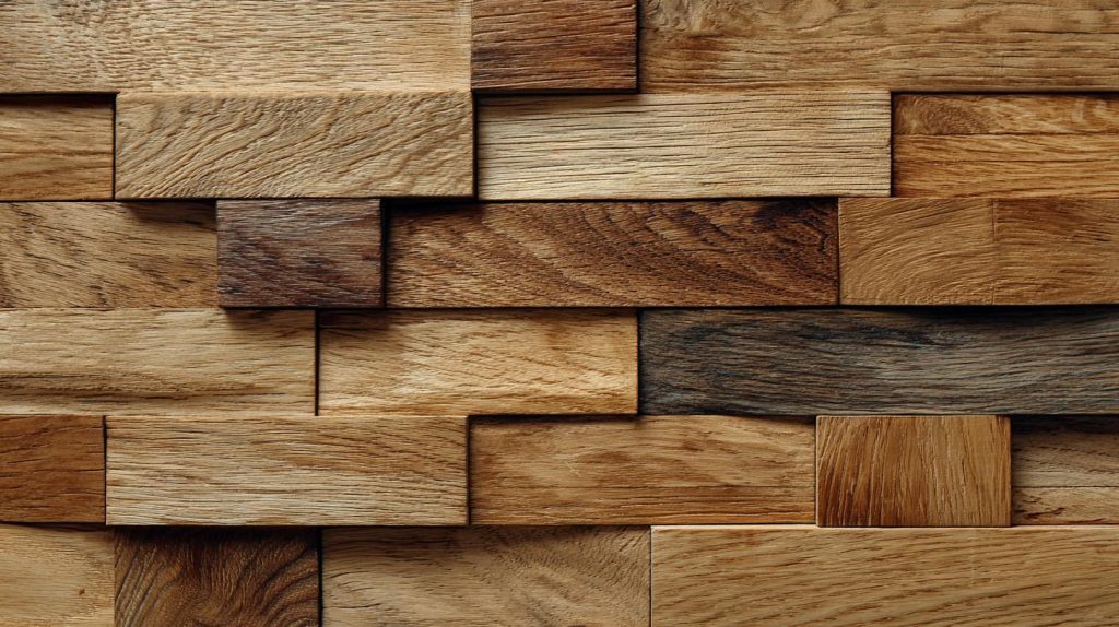 Textured wood wall tile creates warm, natural accent feature interiors