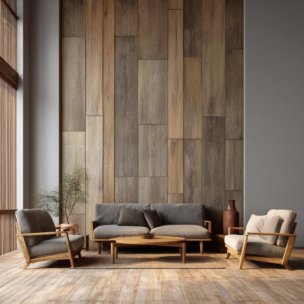 Wood finish wall tiles enhance modern living room with warm textures